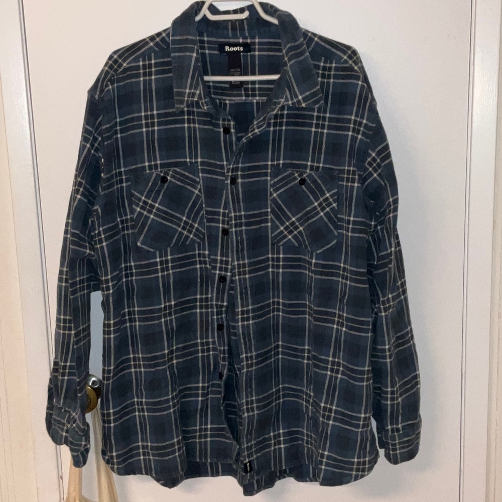Roots Navy and White Plaid Flannel Shirt - XXL